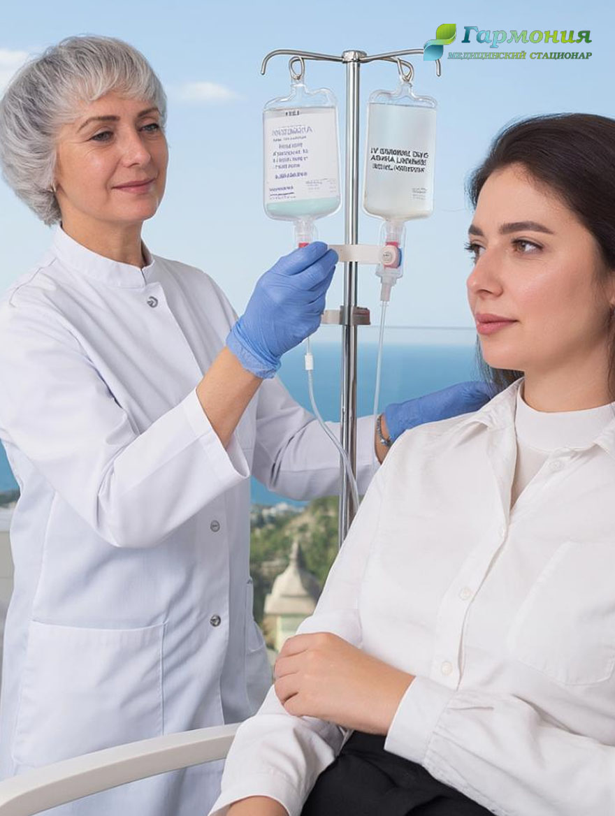 Врач и пациент с капельницей на фоне берега Кентау