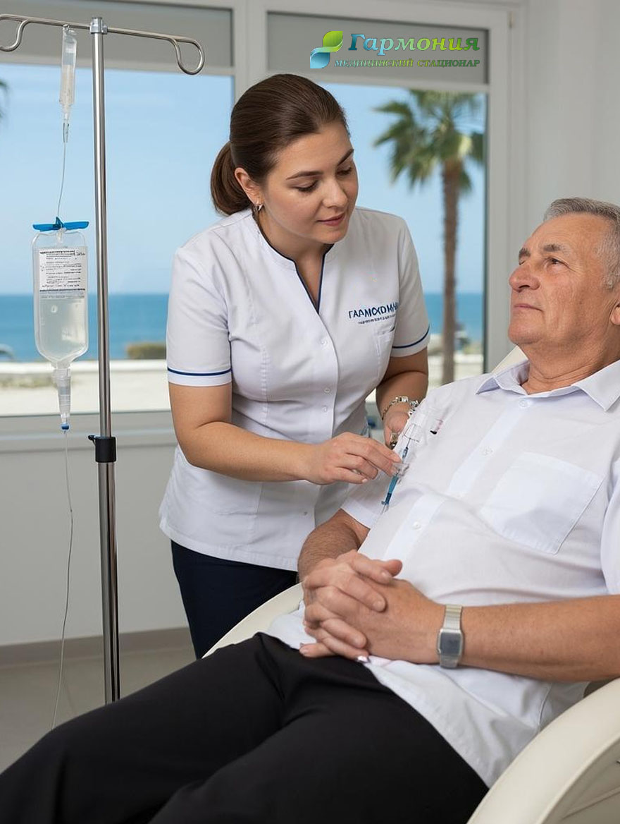 Врач и пациент с капельницей на фоне берега Кентау