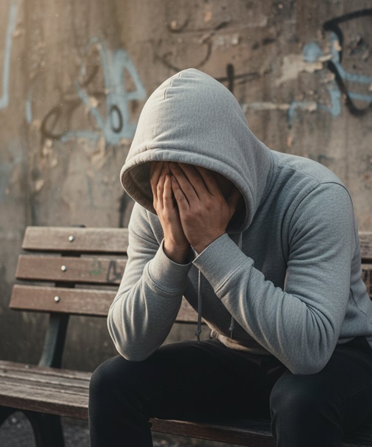 Мужчина сидит на лавочке закрыв лицо руками