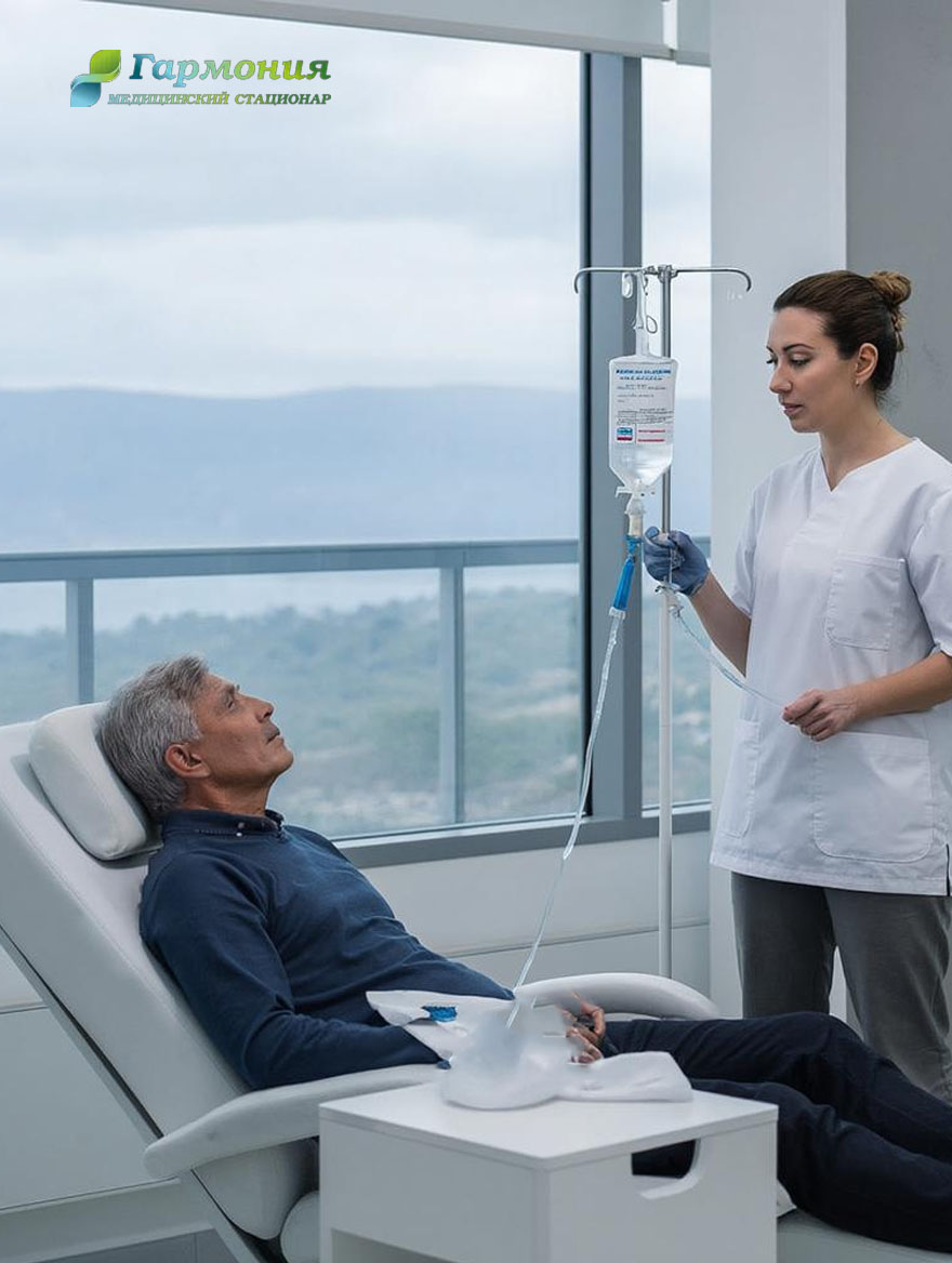 Врач и пациент с капельницей на фоне берега Кентау